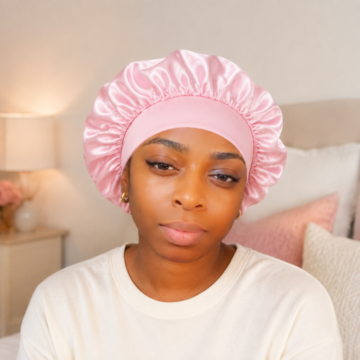 CJAY Beauty model wearing the pink satin bonnet