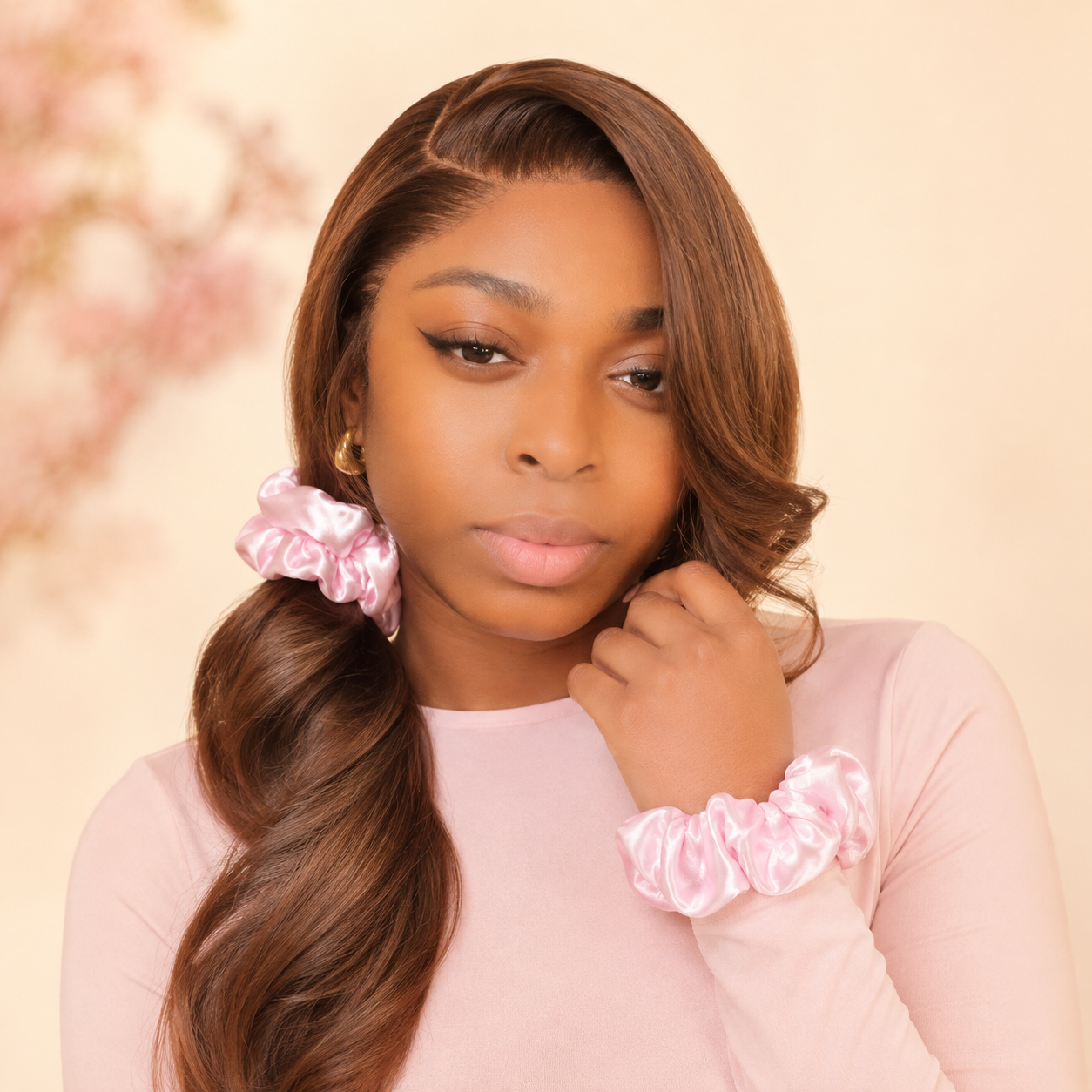 CJAY Beauty model wearing the satin scrunchies